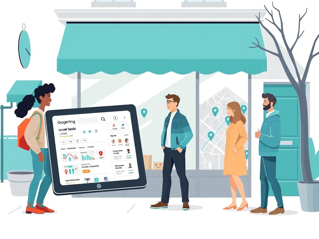 Twee diverse personen op een lokale winkelstraat bekijken op een tablet lokale zoekresultaten en een kaart met pinnen.