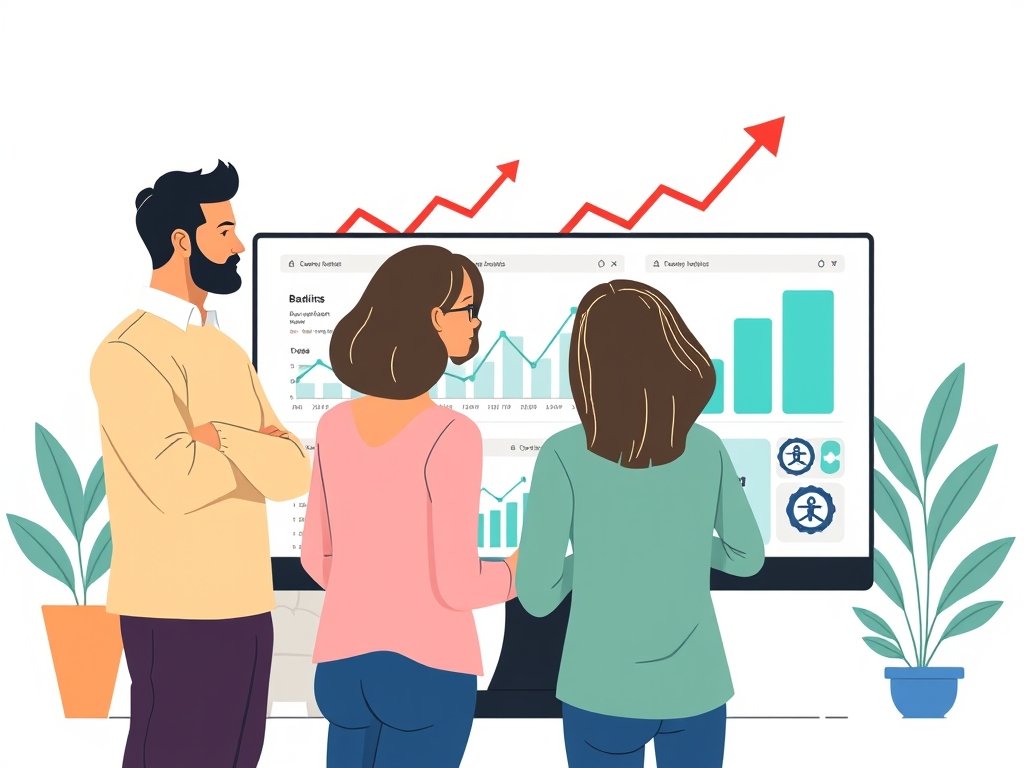Team bekijkt backlinks- en SEO-analyses op een groot scherm met autosymbolen en grafieken, op een witte achtergrond