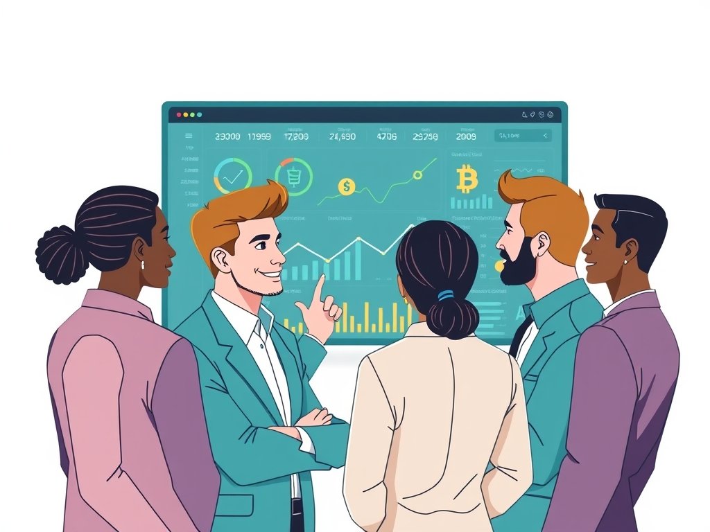 Diverse professionals rondom een digitaal dashboard met crypto-netwerken en blockchain-iconen, teal accenten.