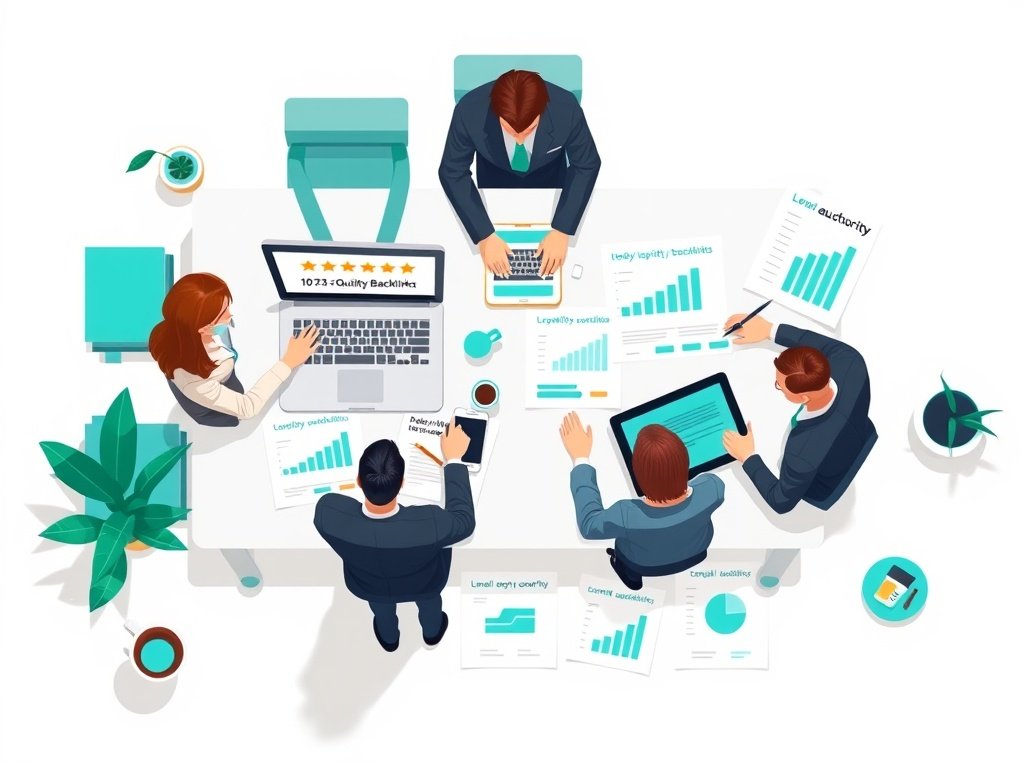 SEO-team aan een bureau vergelijkt hoogwaardige en lage kwaliteit zakelijke backlinks op laptops en documenten.
