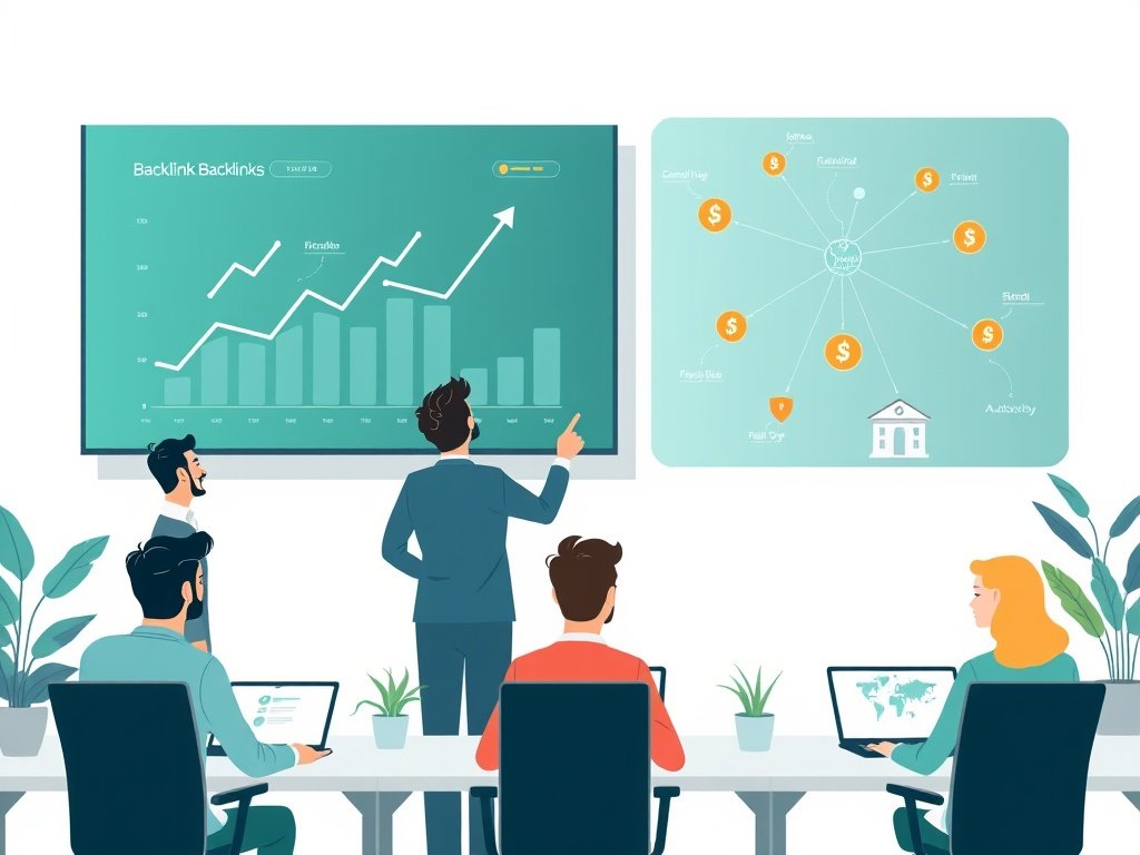 Team in financieel kantoor dat backlinkdata en grafieken over online autoriteit bekijkt.