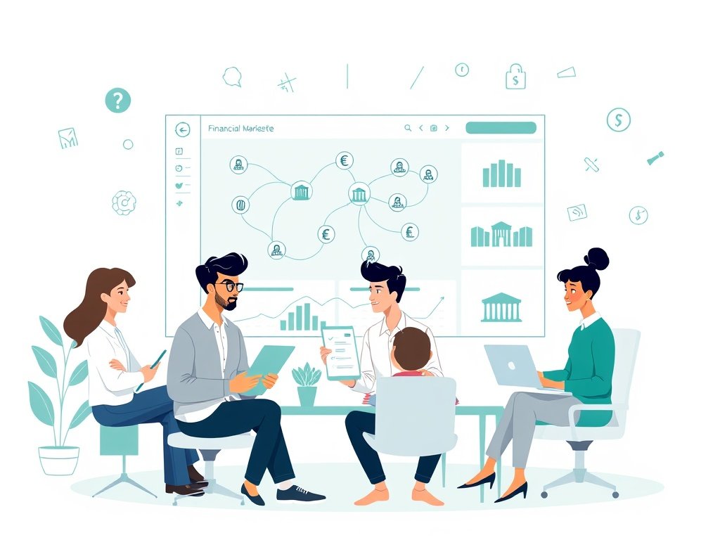 Marketeers plannen een backlinkstrategie met netwerk van financiële websites op een groot scherm.
