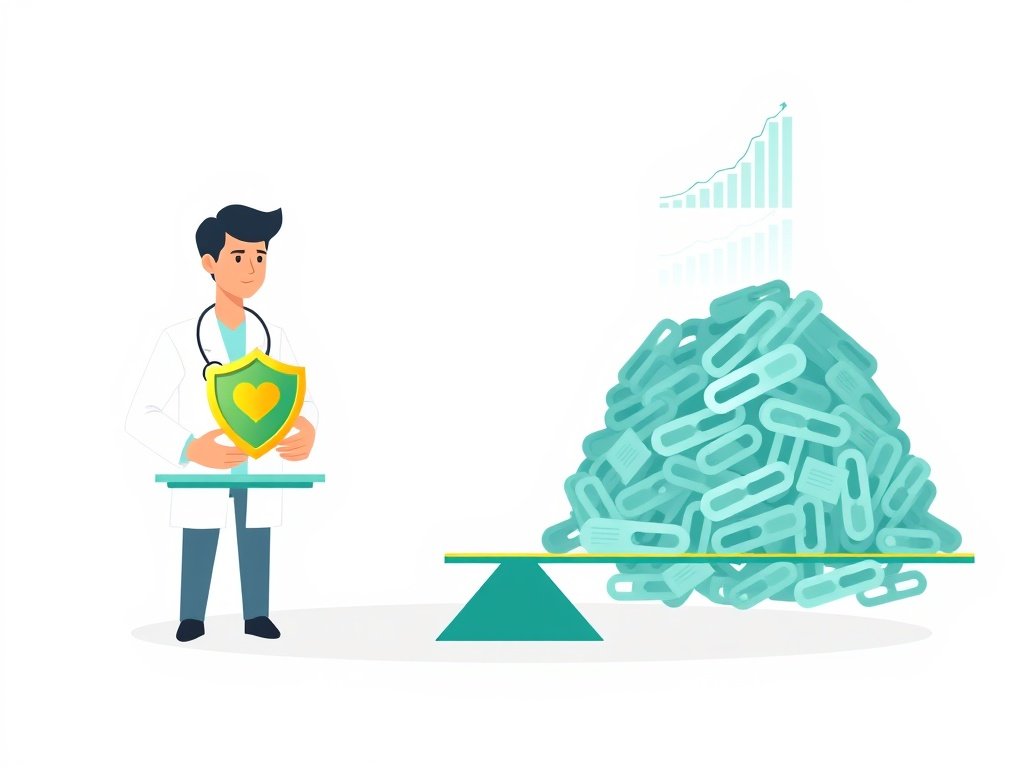 Illustratie met weegschaal waar enkele sterke medische backlinks zwaarder wegen dan vele zwakke.