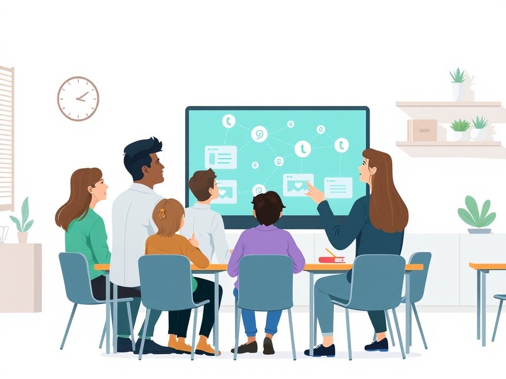 Docent en studenten rond een laptop bekijken digitale links die groei van een onderwijswebsite tonen.