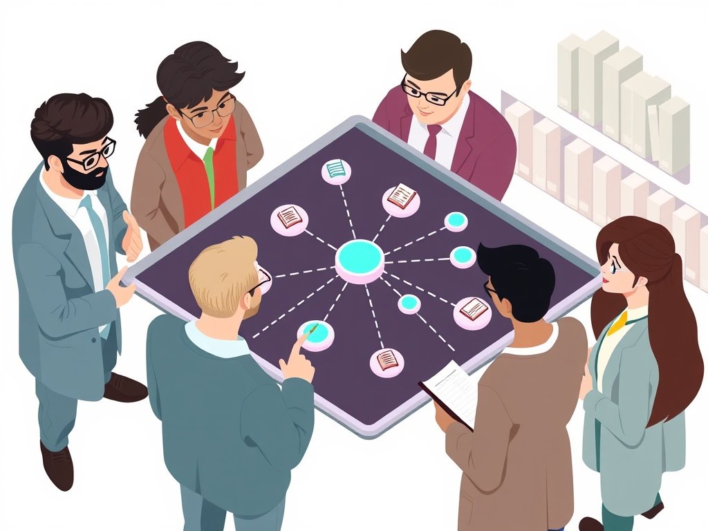 Academici bekijken een digitaal netwerk van gelinkte onderwijssites op een groot tablet.