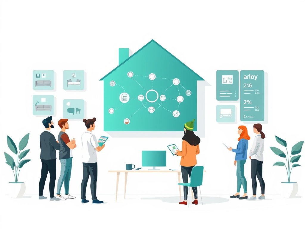 Team in moderne woonshowroom bekijkt groot scherm met netwerk van woonwebsites en backlinks in huisvorm.