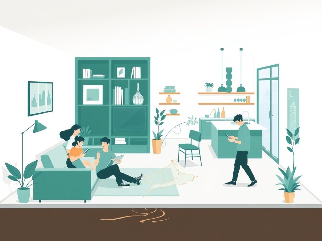 Moderne woning met bewoners die apparaten gebruiken terwijl linkiconen rond het huis duurzame online groei tonen.