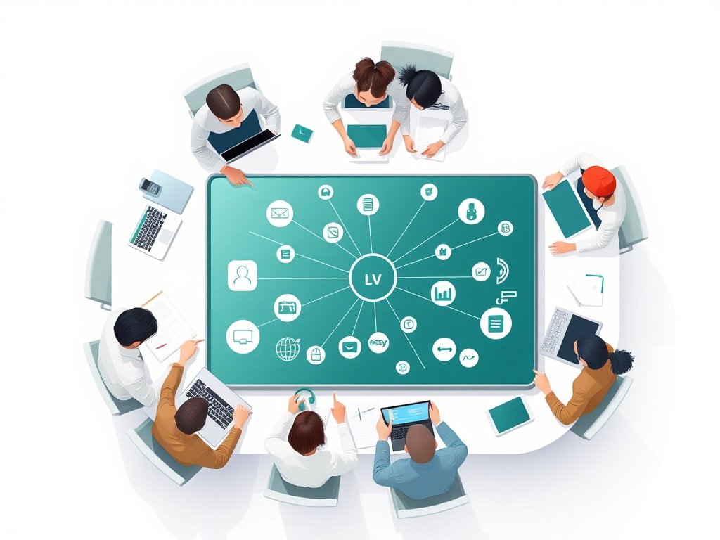 Bovenaanzicht van team dat een netwerk van mediawebsites en backlinks op digitaal scherm plant.