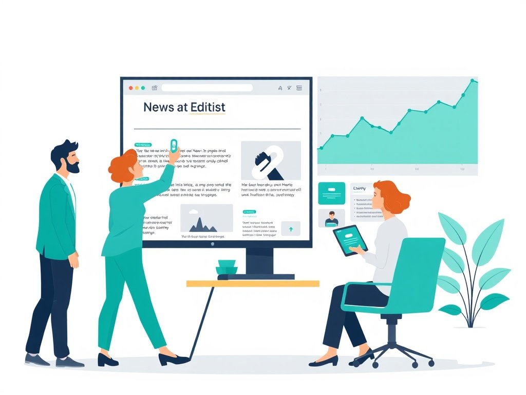 PR-specialist en redacteur werken samen aan linkprofiel en autoriteit van een nieuwssite op een groot scherm.