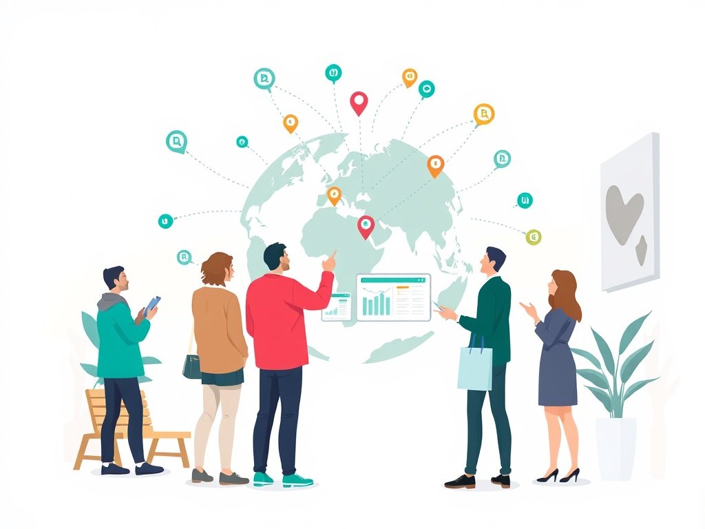 Illustratie van marketeers in een museum die wereldwijde culturele links en data bespreken.