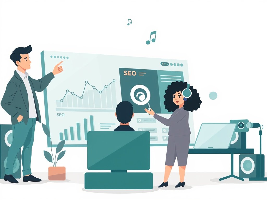 Illustratie van marketeers die een dashboard met muzieknotities en backlinks analyseren in een moderne muziekstudio.