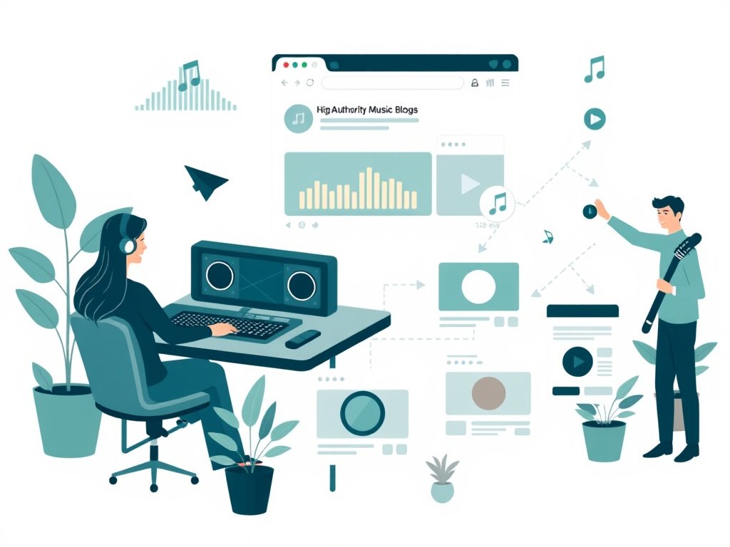 Muzikanten en marketeers verbinden muziekplatforms met backlinks rond een laptop in een moderne studio-omgeving.