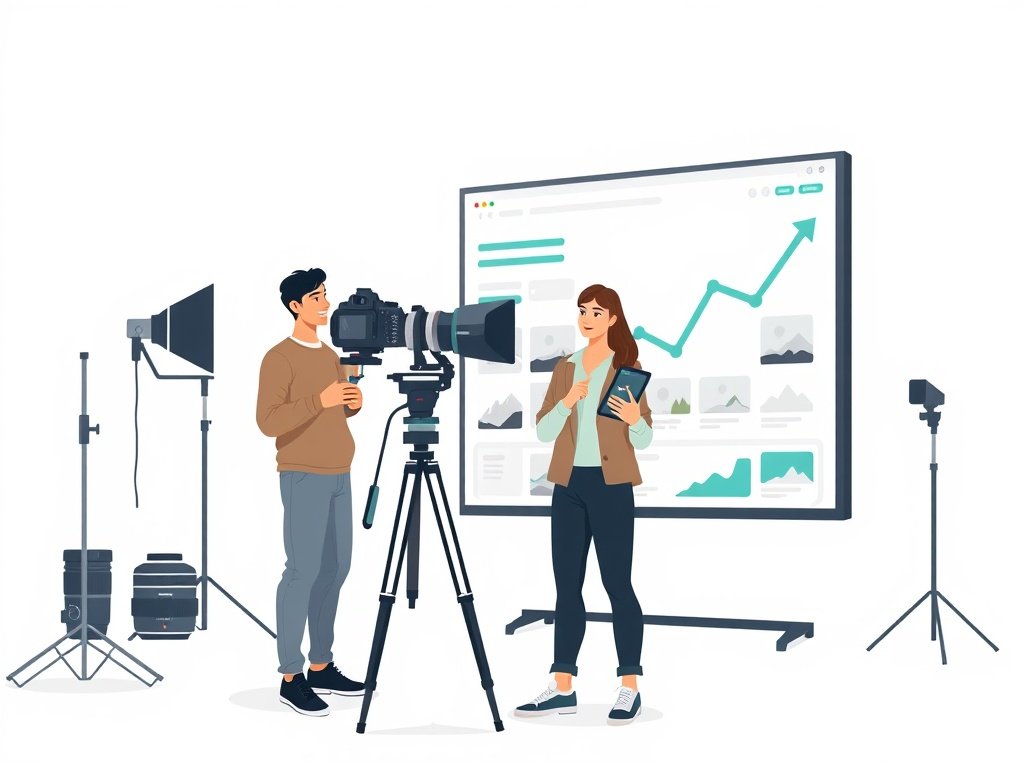 Twee fotografen in een studio bekijken een scherm met foto’s en verbonden links.