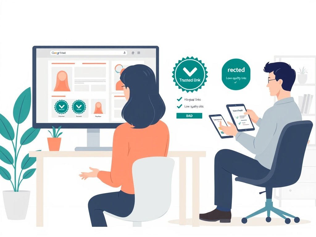 SEO-specialist beoordeelt goede en slechte webshop backlinks op schermen.