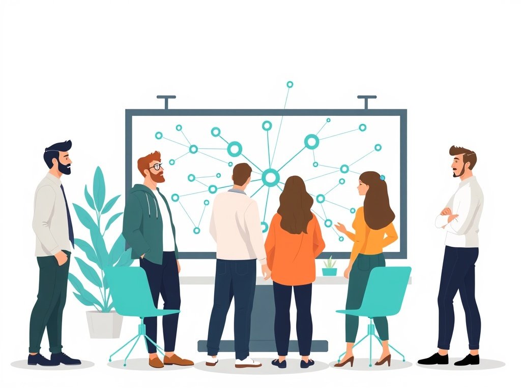 Divers team in een mode-studio bekijkt een digitaal scherm met verbindingslijnen en knooppunten die backlinks voorstellen, stijlvolle outfits, teal accenten, witte achtergrond