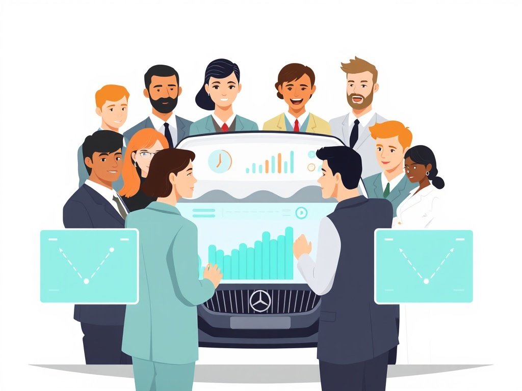 Vier professionals rond digitaal dashboard met grafieken en een auto op een witte achtergrond