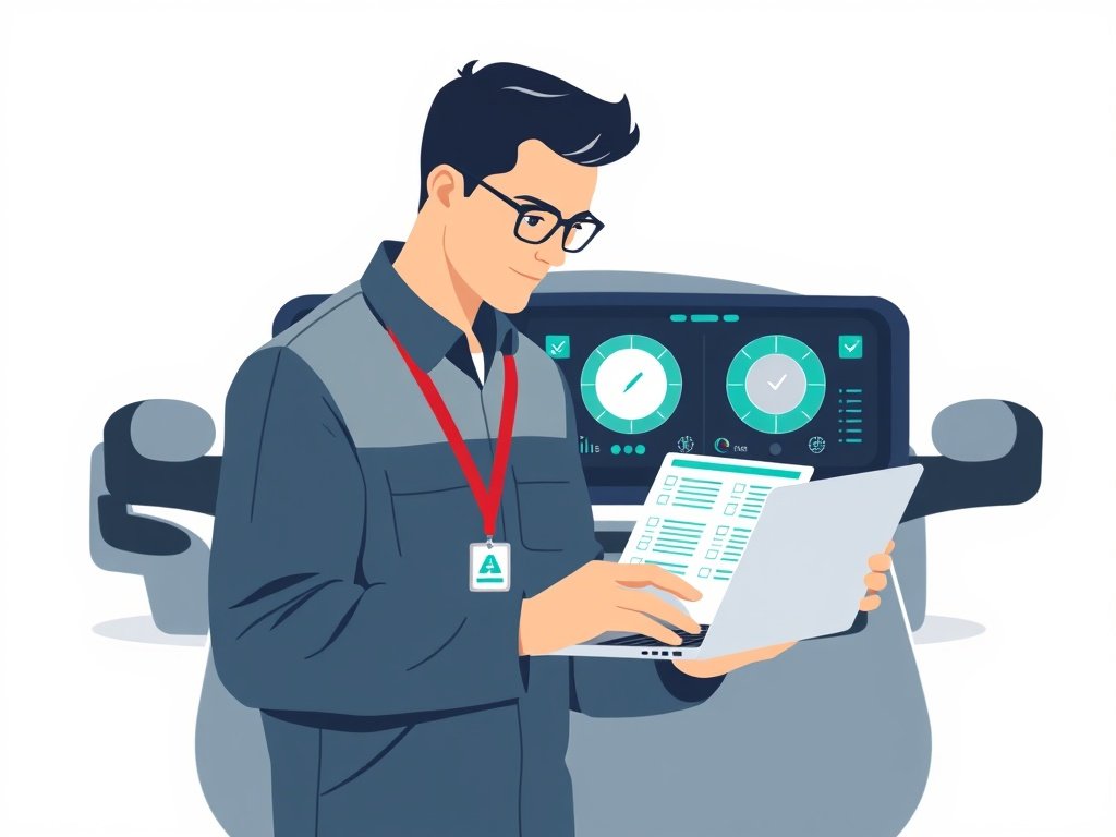 Een engineer bekijkt kwaliteitscontrole met certificaten en een auto op de achtergrond, witte achtergrond