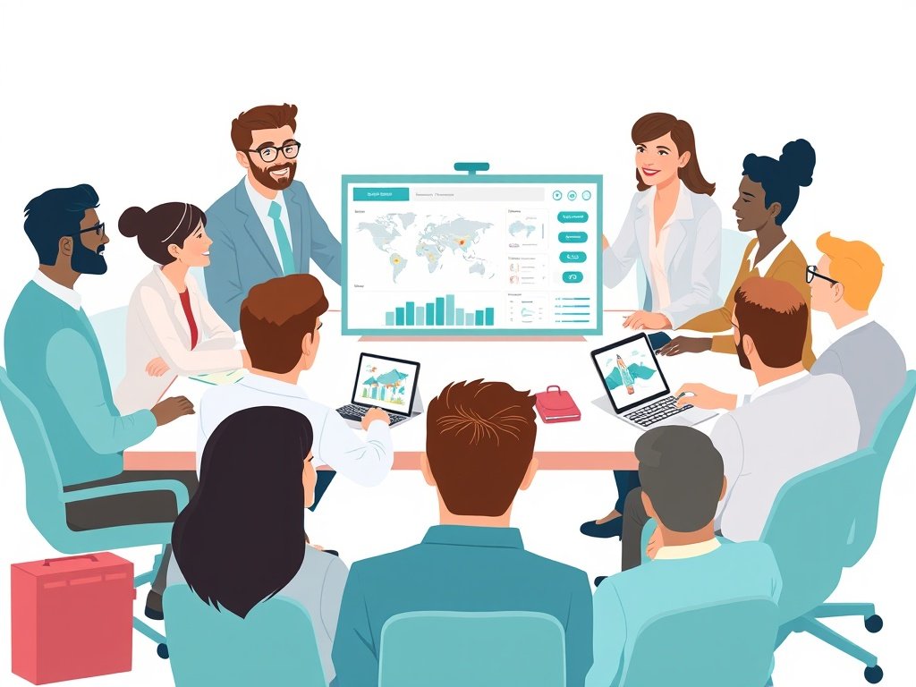 Diverse mensen in een modern kantoor werken aan een digitaal dashboard met kaarten en grafieken.