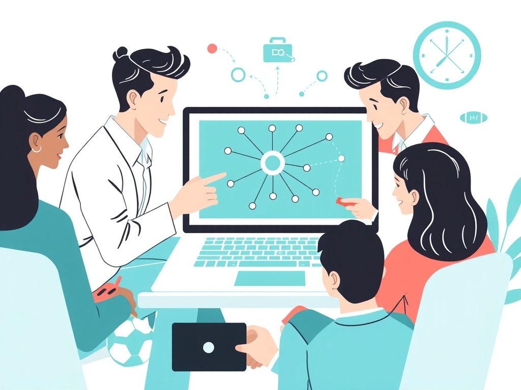 Diverse professionals rondom een laptop die een backlink-netwerkdiagram toont tegen een witte achtergrond.