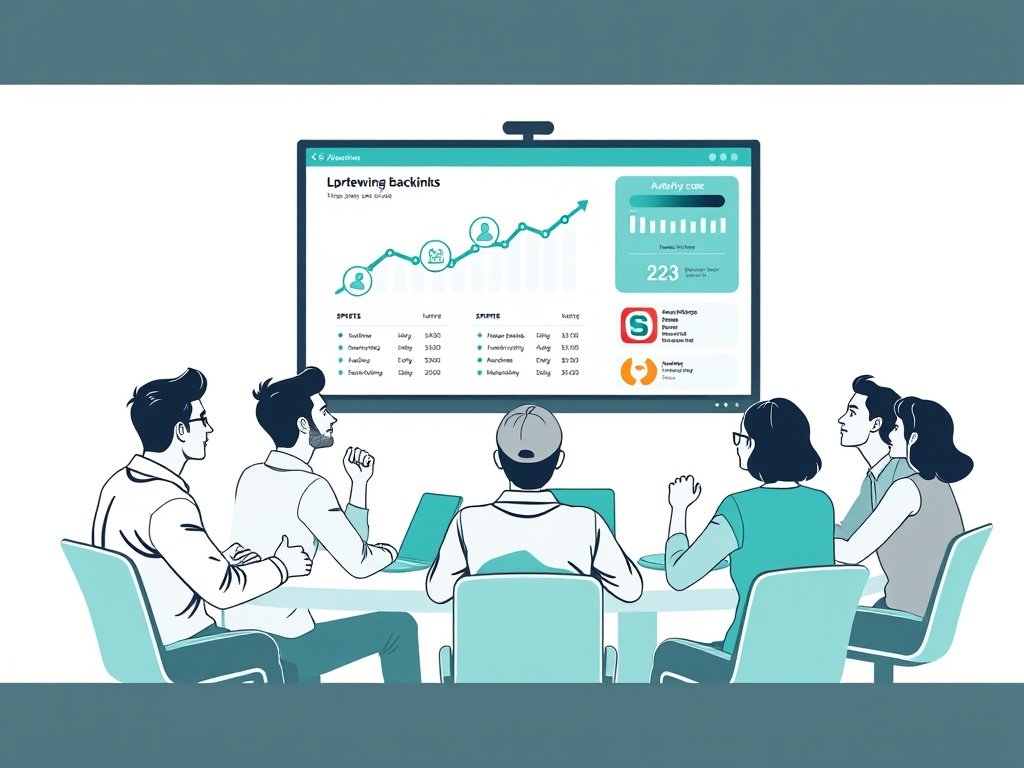 Professionals bespreken sportbacklinks terwijl een dashboard met stijgende autoriteitsbalken op een beeldscherm verschijnt.
