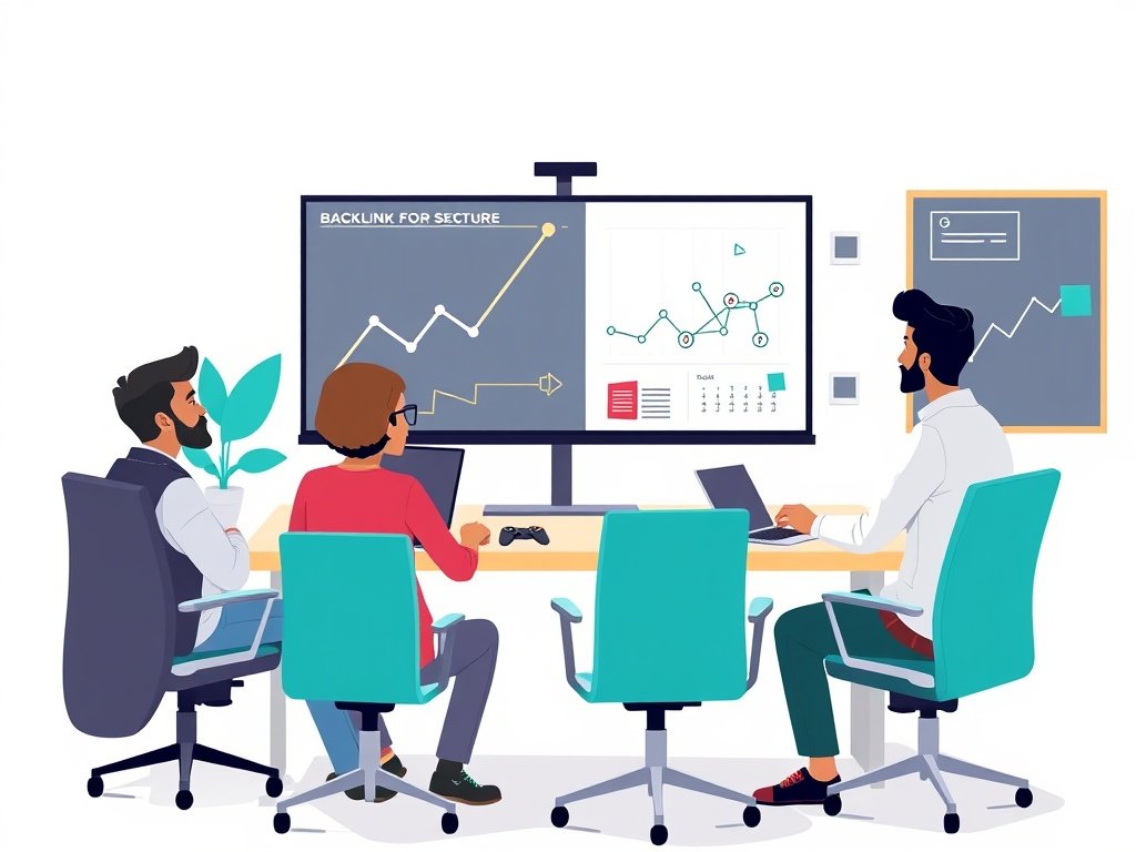 Drie diverse personen aan tafel bespreken backlinks; monitor toont stijgende grafiek; laptop en gamecontroller op tafel; teal accenten.