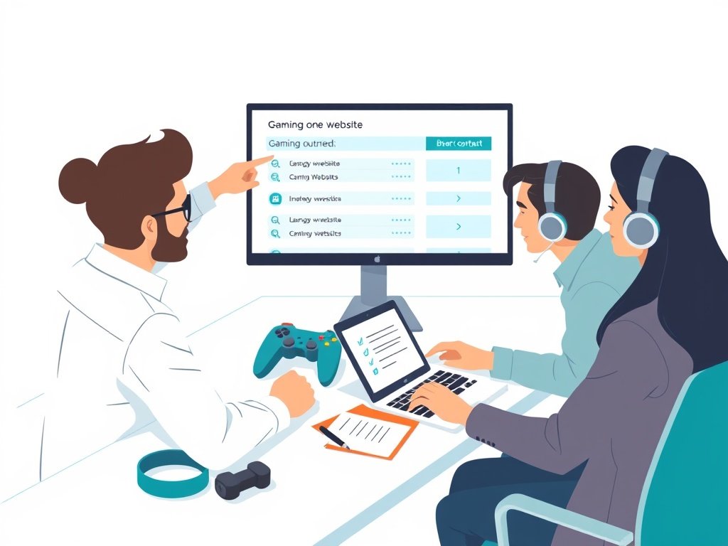 Twee professionals analyseren gerichte gaming-outreach op een monitor; metrics zichtbaar; teal accenten.