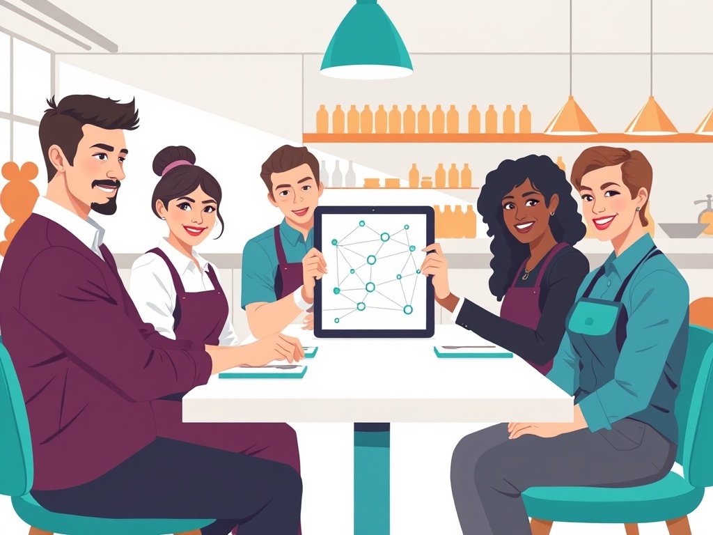 Twee diverse horecamedewerkers bespreken aan een tafel en bekijken een tablet met verbindingslijnen.