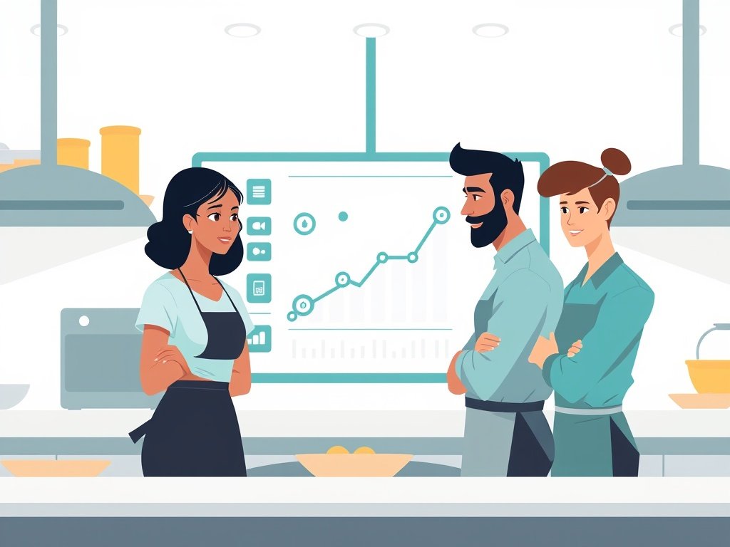 Drie medewerkers in een moderne restaurantkeuken kijken naar een groot digitaal scherm met verbonden knooppunten en een stijgende lijn.