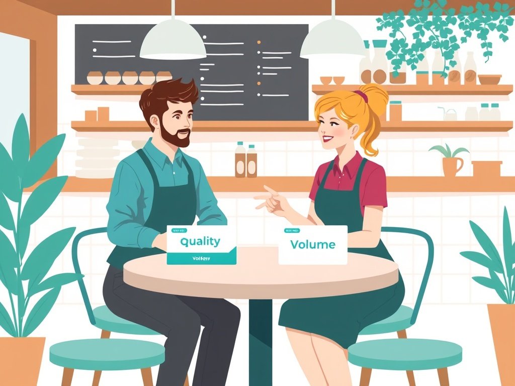 Twee medewerkers in een gezellige koffiebar bekijken twee kaarten die kwaliteit boven volume tonen, met teal accenten.