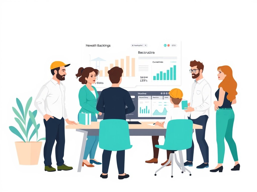 Diverse bouwprofessionals bekijken een digitaal dashboard met backlinks en siteprestaties.
