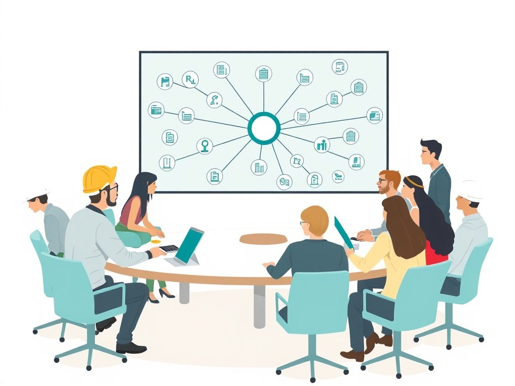 Diverse bouwprofessionals rondom een tafel met een groot scherm dat een backlinks-netwerk laat zien.