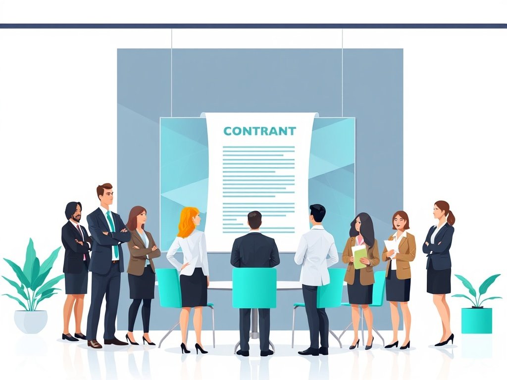 Twee juridische professionals in een modern kantoor kijken naar een digitaal contractdashboard met teal accenten