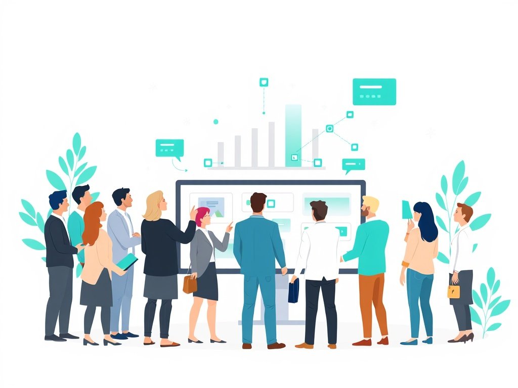 Diverse juridische professionals bekijken een netwerkdiagram van backlinks en autoriteit op een digitaal scherm in een modern kantoor