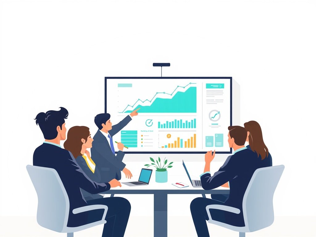 Presentator wijst naar een scherm met groei grafiek en netwerken van backlinks, teamleden luisteren aandachtig.