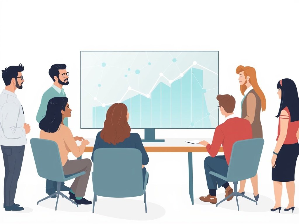 Diverse collega’s aan een tafel voor een transparant scherm met verbonden datapaden en een stijgende lijn