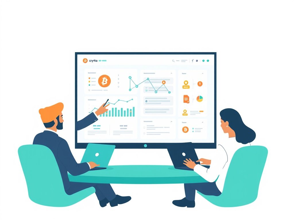 Twee professionals analyseren crypto-backlinks en autoriteitsgrafieken op een scherm met grafieken en netwerken.