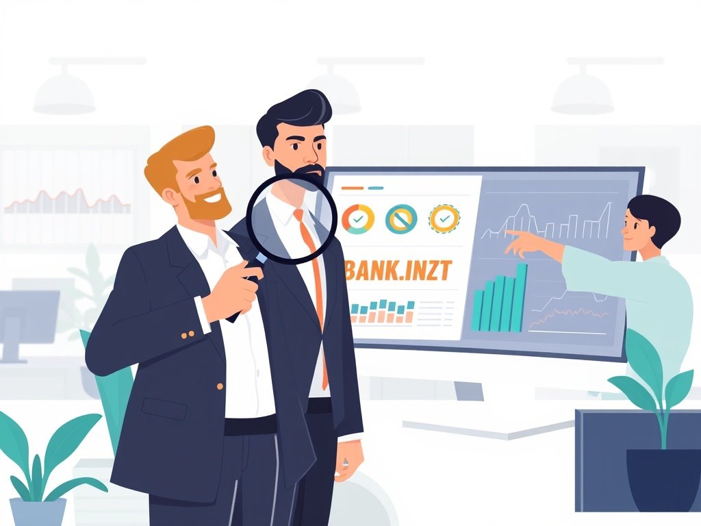 Twee professionals bekijken kwaliteitsindicatoren en backlinks op een monitor, met teal accenten in een kantoor.