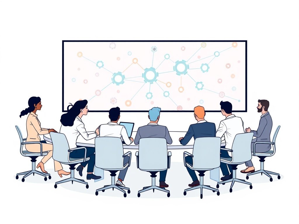 Diverse professionals rondom tafel kijken naar een digitaal netwerkdiagram van casino-backlinks.