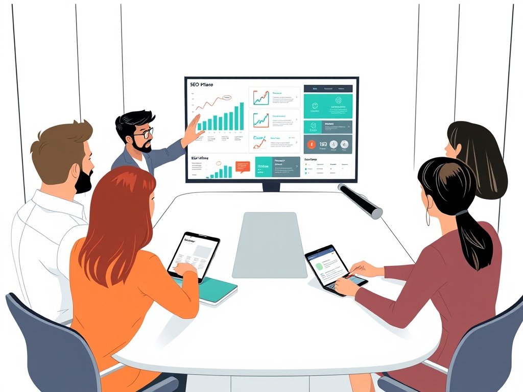 Diverse professionals aan tafel bespreken SEO-strategie voor de adult-industrie met laptop.
