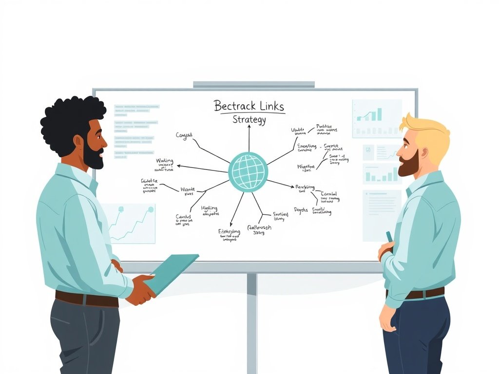 Drie professionals rond whiteboard met backlinks-strategie en grafieken, teal accenten.