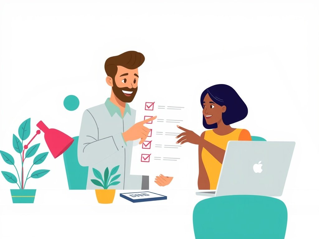 Twee teamleden bekijken een kwaliteitschecklist voor adult linkbuilding in een modern kantoor.