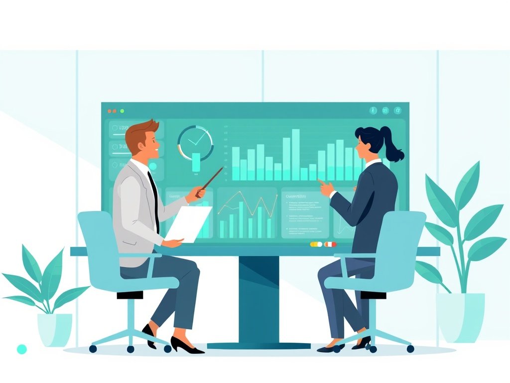 Twee professionals bekijken een dashboard met concurrentiebarrières en grafieken, teal accenten, witte achtergrond.