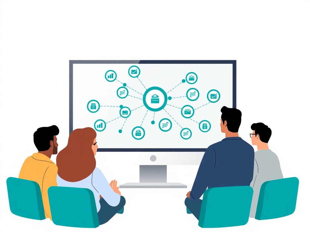 Diverse professionals rondom een digitaal netwerk van backlinks op een helder scherm met teal accenten.