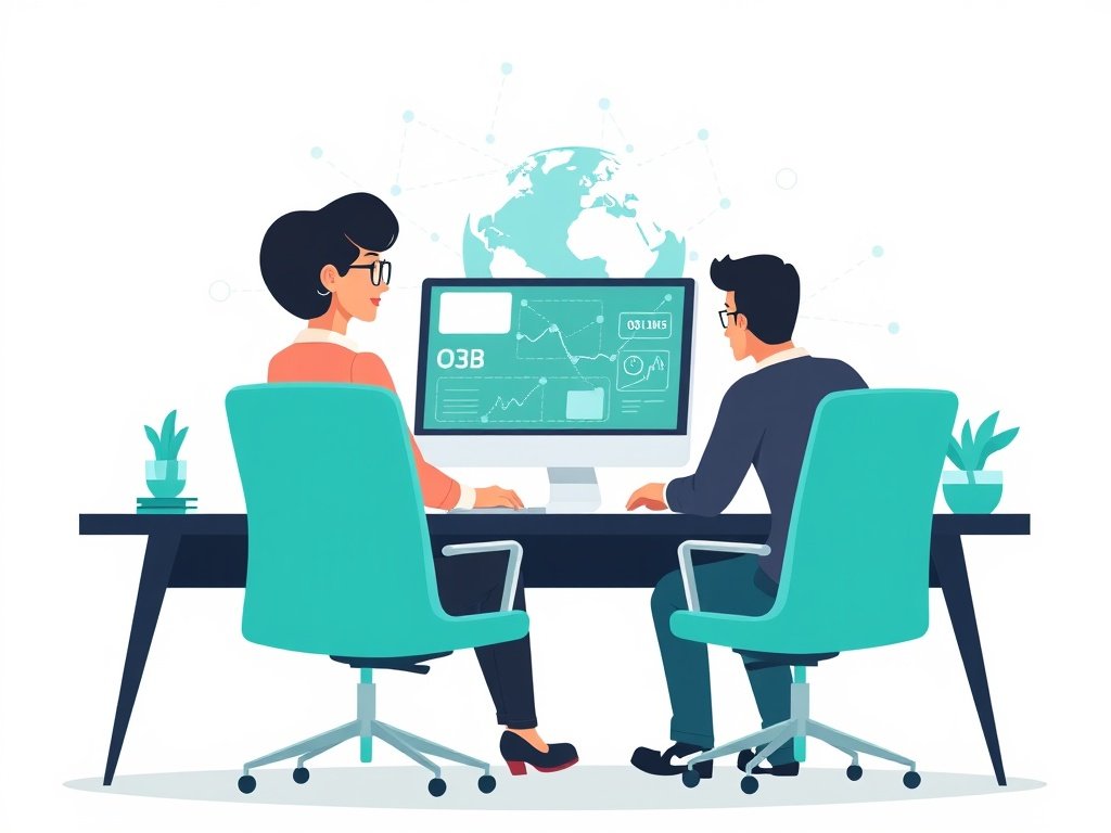 Twee diverse professionals in een strak kantoor analyseren backlinks op een monitor en netwerken op de achtergrond.