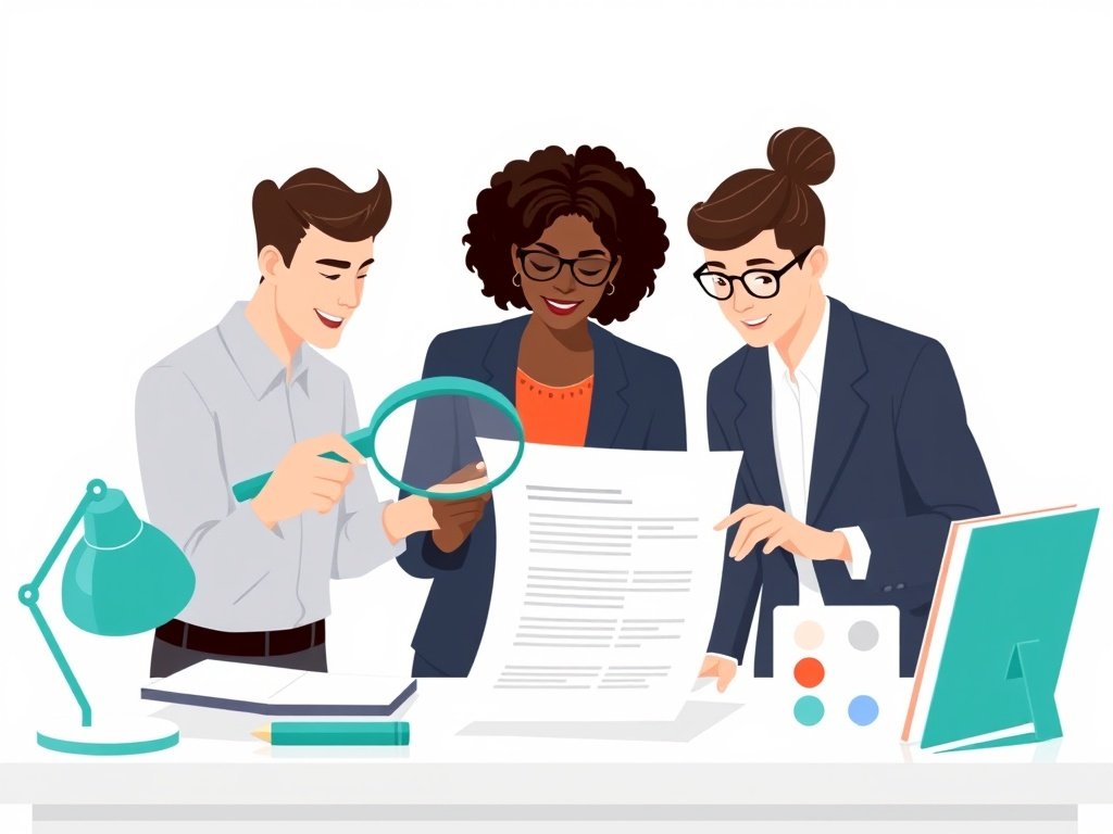 Een individu bekijkt een bureau met kwaliteitssymbolen en backlinks-icoontjes, terwijl twee collega's meekijken.