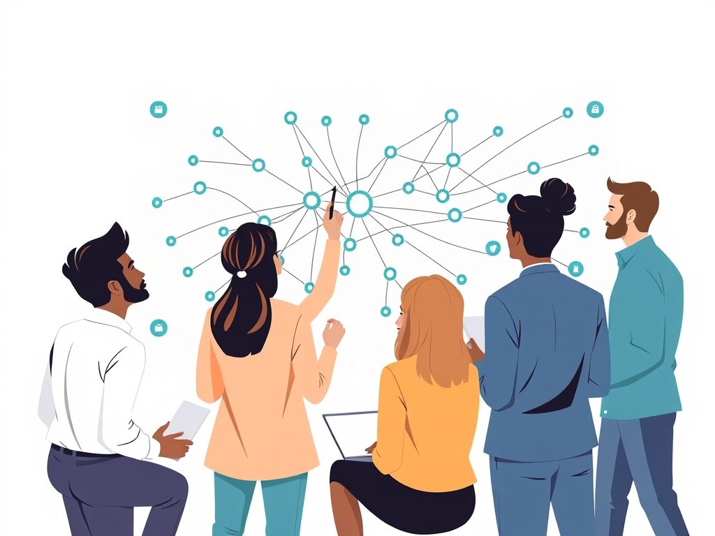Team onderzoekt een backlinks-netwerk op een whiteboard, met kwaliteitspartners-iconen en teal accenten.