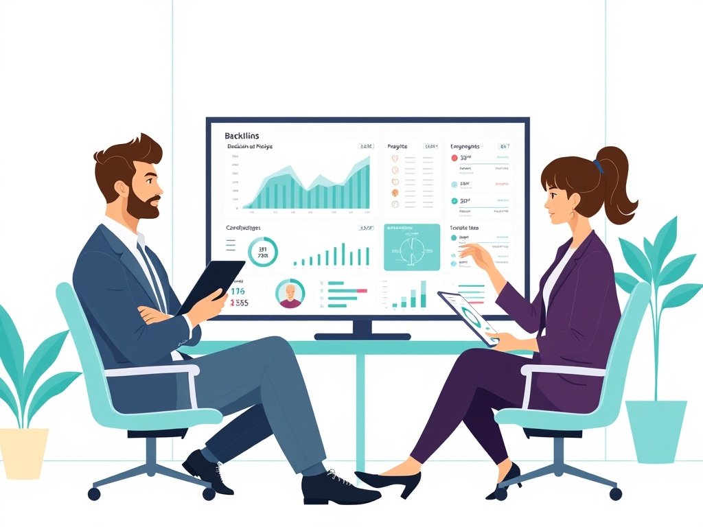 Twee recruiters in een modern kantoor analyseren backlinks en SEO-metrics op een groot scherm, teal accenten.