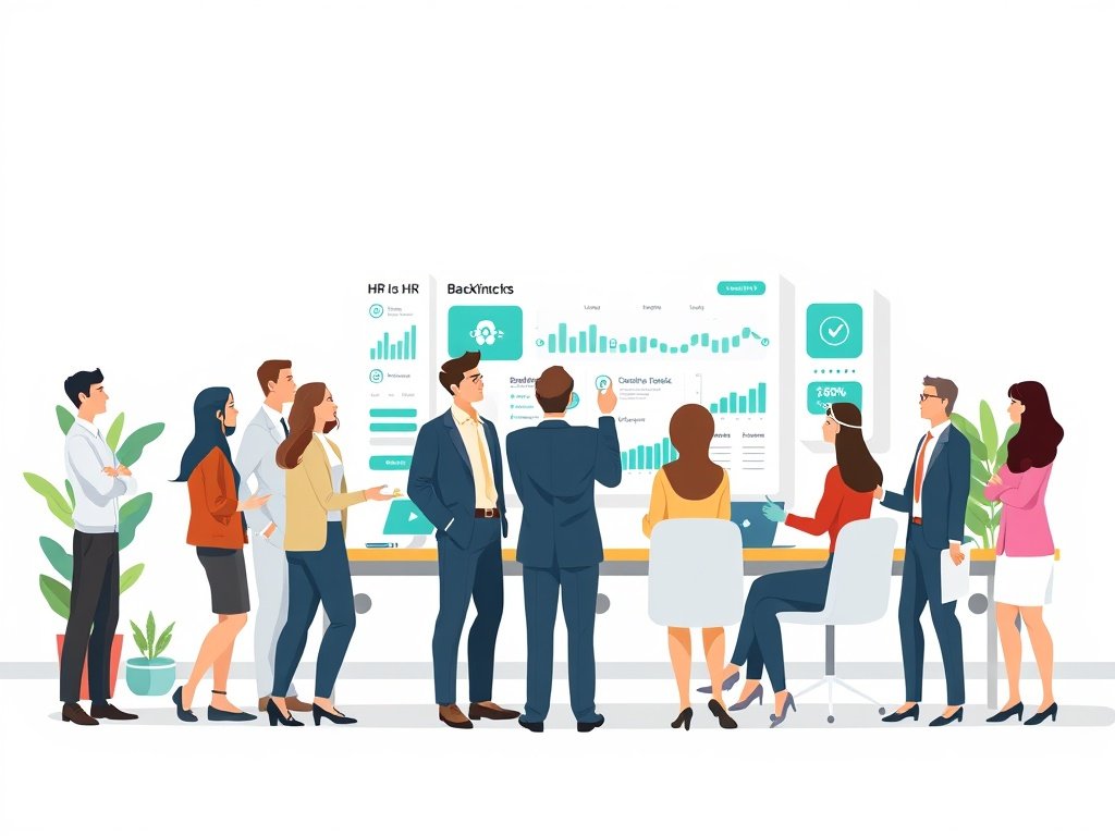 HR-professionals in een modern kantoor analyseren een dashboard met backlinks en HR-gegevens