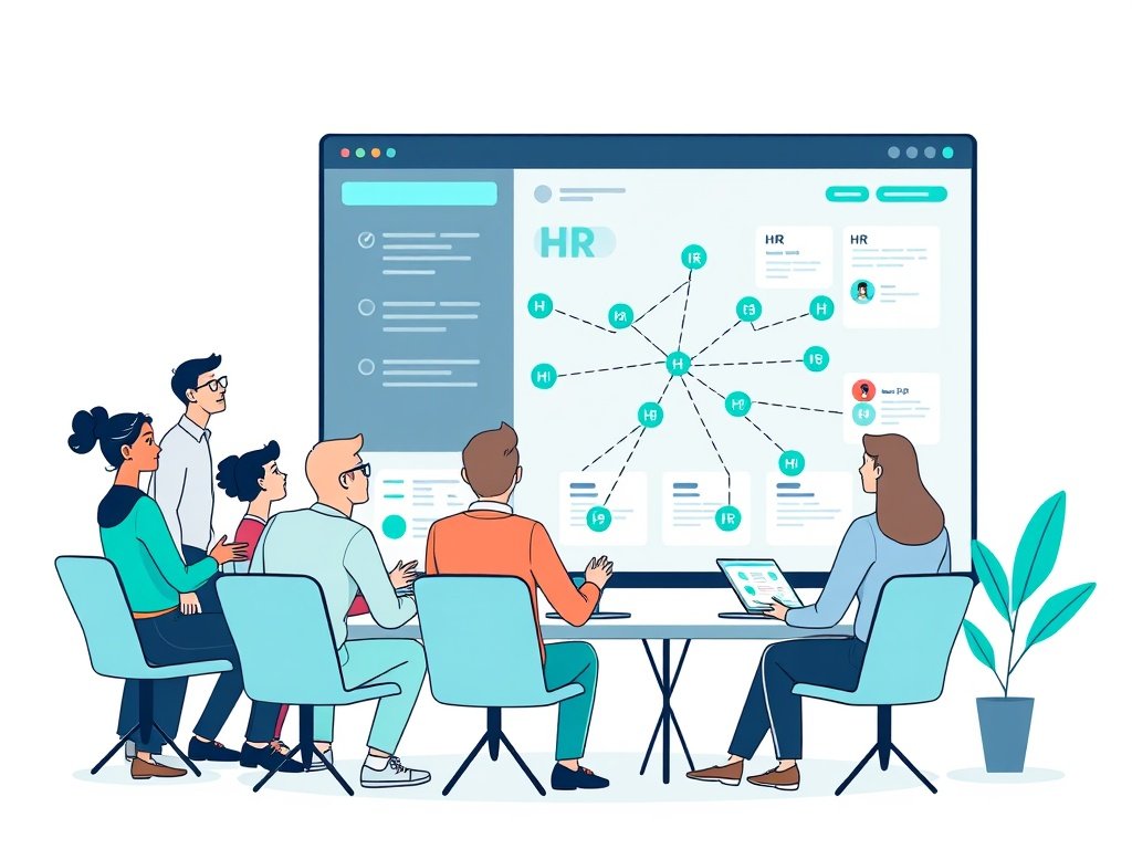 HR-team bespreekt backlinks-strategie en bekijkt grafieken op een digitaal dashboard