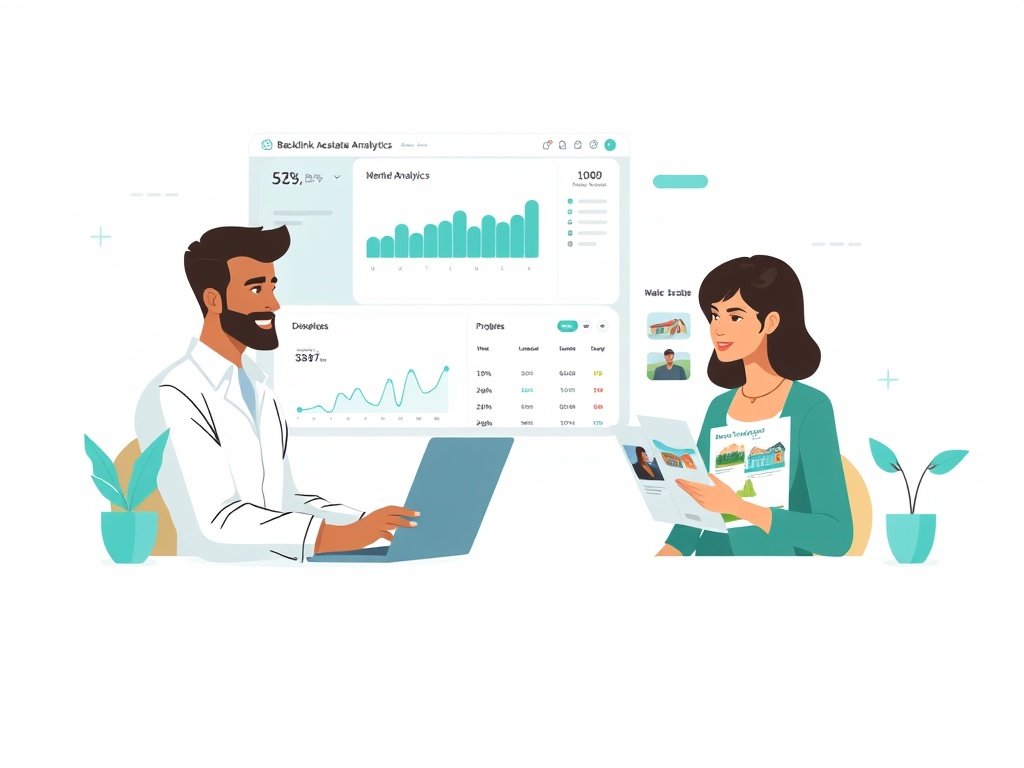 Professionals in een modern kantoor analyseren backlink-rapporten; laptop en documenten op tafel, teal accenten.